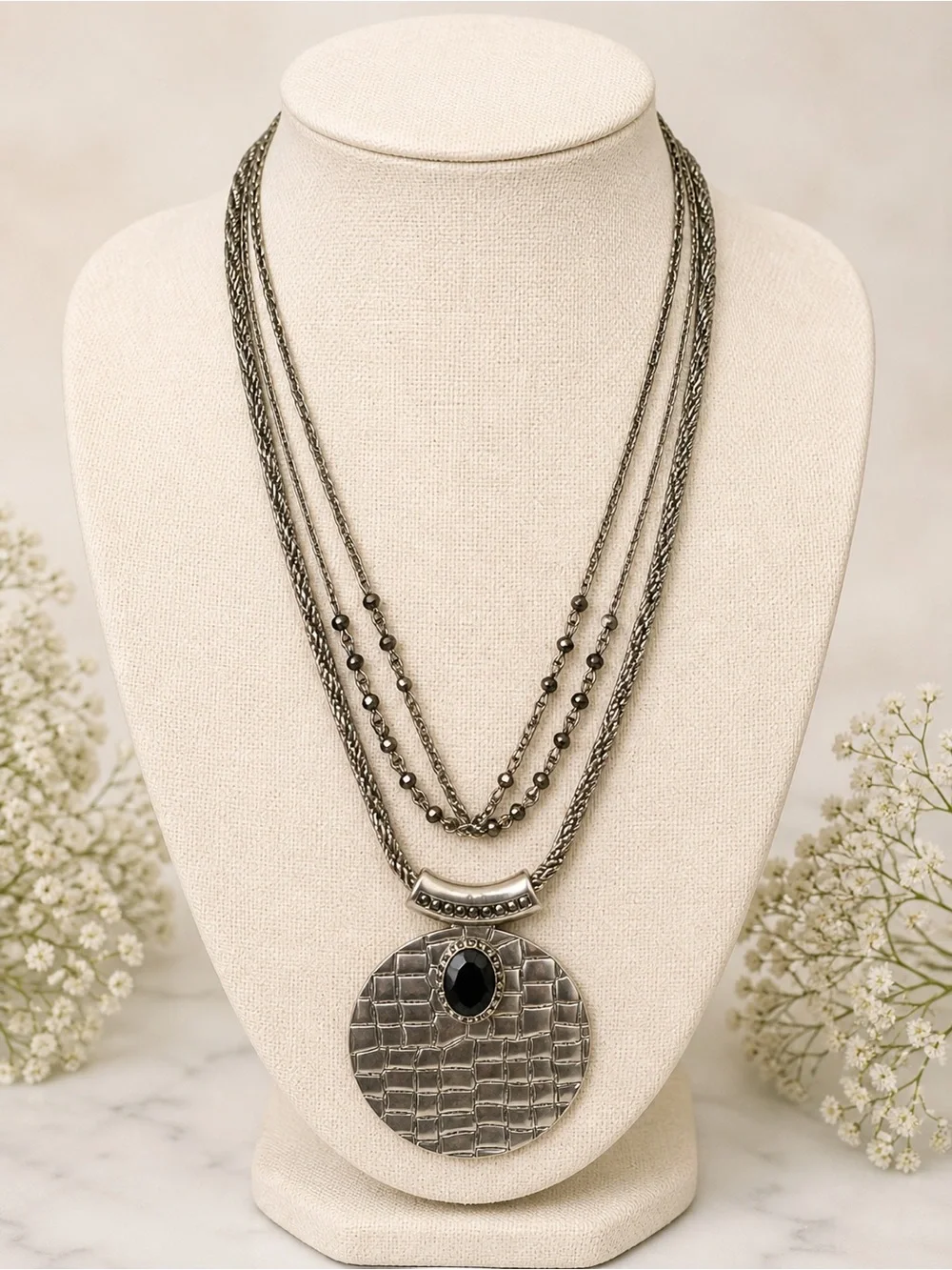 New York & Company Gunmetal Multi-Strand Necklace with Black Stone Pendant